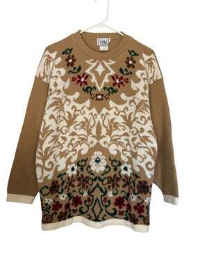 Vtg Cricket Lane Floral Tapestry Knit Sweater Made in USA Size L Cottagecore